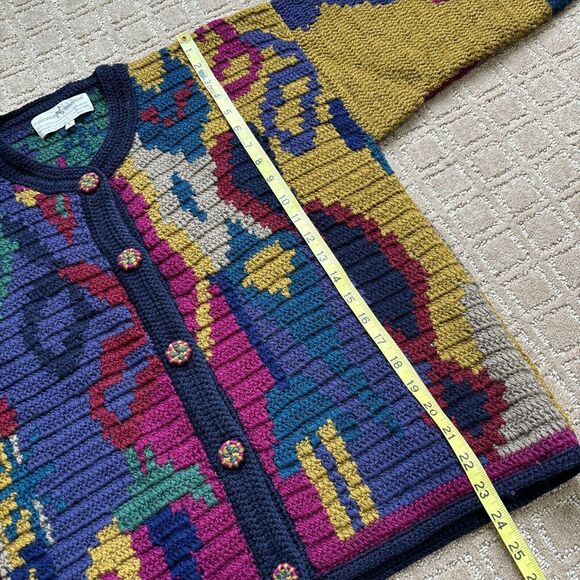 Peruvian Connection VTG 100% Wool Cardigan Sweater Large Colorful Art To Wear - Picture 7 of 8